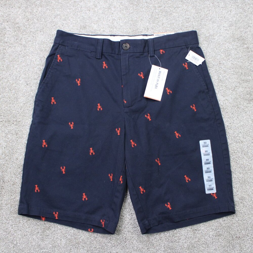 Old Navy AOP Shorts NWT Mens 30 Ultimate Slim Built in Flex Blue w/ Red Lobsters